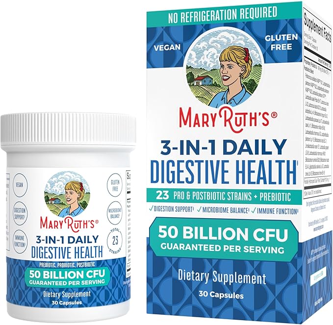MaryRuth's 3 in 1 Probiotics for Digestive Health | Prebiotic & Postbiotic | Gut Health Supplement for Women & Men | Powder Probiotics for Women | Immune Support | 50 Billion CFU | 0.5 oz