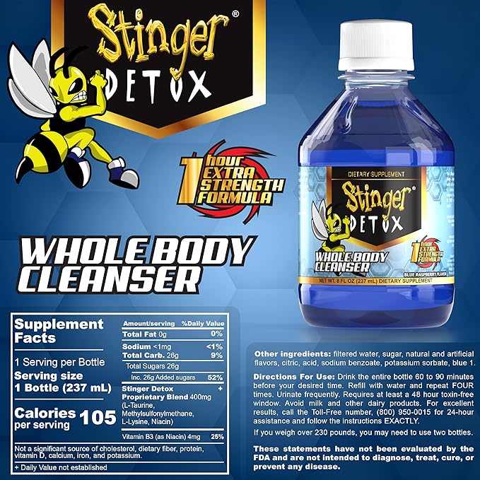 Stinger Detox Whole Body Cleanser 1 Hour Extra Strength Drink, Liquid– Blue Raspberry 8 oz Bottle - 32 Unit Case